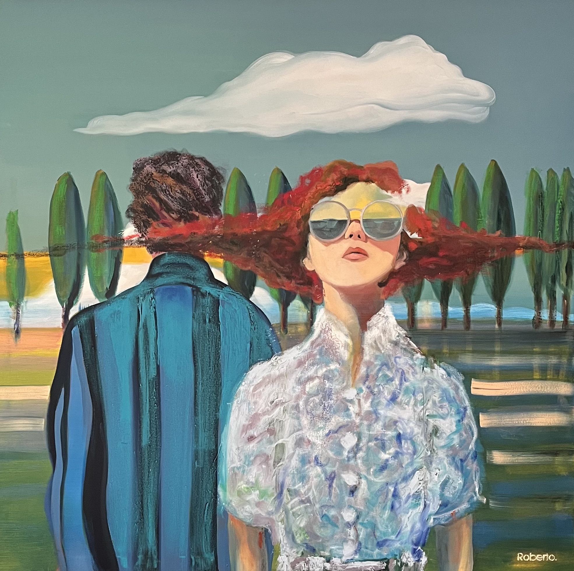 Louise #2, oil painting by Roberto Verde. Woman with red hair and sunglasses beside a lake.
