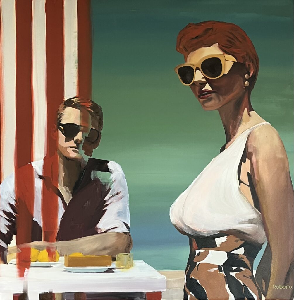 Louise #5, oil painting by Roberto Verde. Woman in sunglasses standing beside a seated man behind a striped curtain.