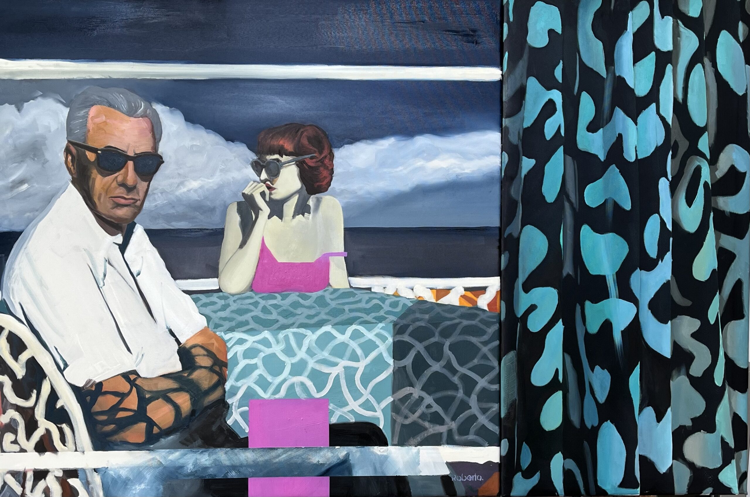 Louise #6, oil painting by Roberto Verde. Man and woman wearing sunglasses seated at a table beside a patterned curtain.
